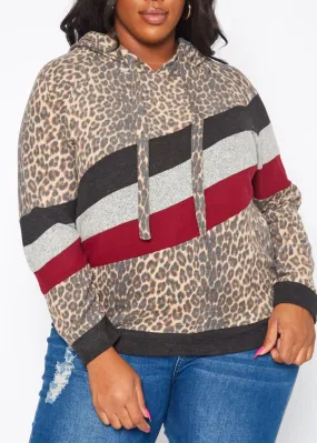 Hi Curvy Plus Size Women Leopard Print Color Block Hooded Sweater