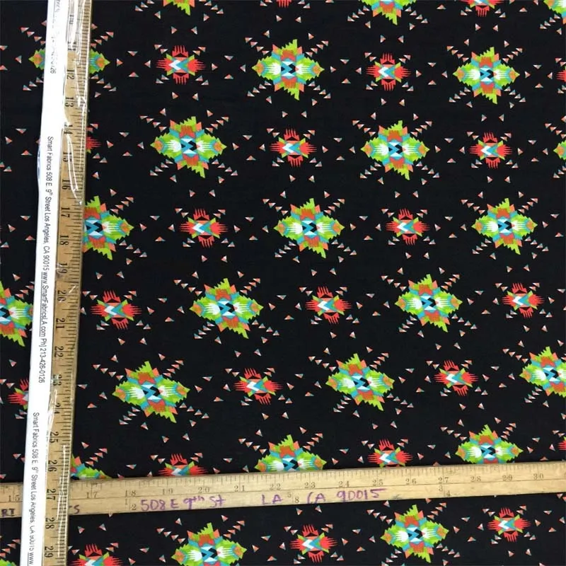 100% Rayon Challis Black Native American Inspired Print Fabric Sold By The Yard