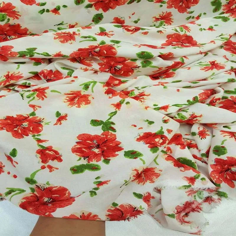 100% Rayon Challis Red n Green Floral Flowers Inspired White Background Soft Organic Fabric