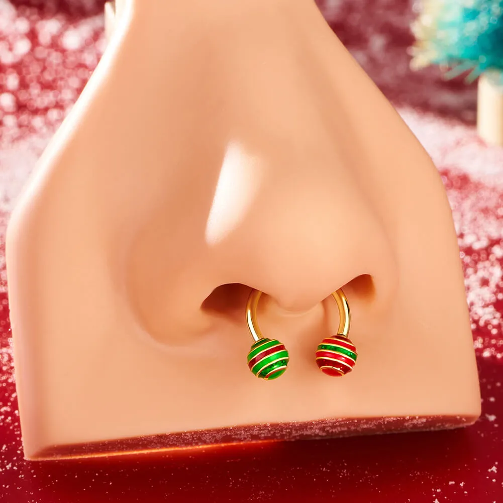 16G Internally Threaded Christmas Baubles Striped Pattern Horseshoe Septum Ring