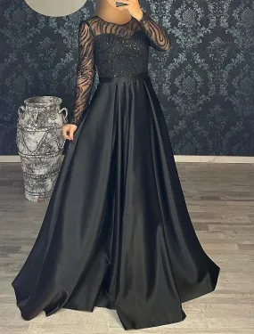 A-Line Evening Gown Black Dress Dress Formal Black Tie Floor Length Long Sleeve Jewel Neck Fall Wedding Guest Satin with Sequin