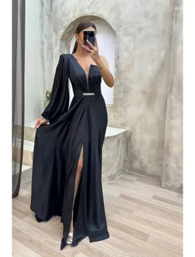 A-Line Evening Gown High Split Dress Formal Fall Sweep / Brush Train Long Sleeve One Shoulder Satin with Pleats Crystals Slit