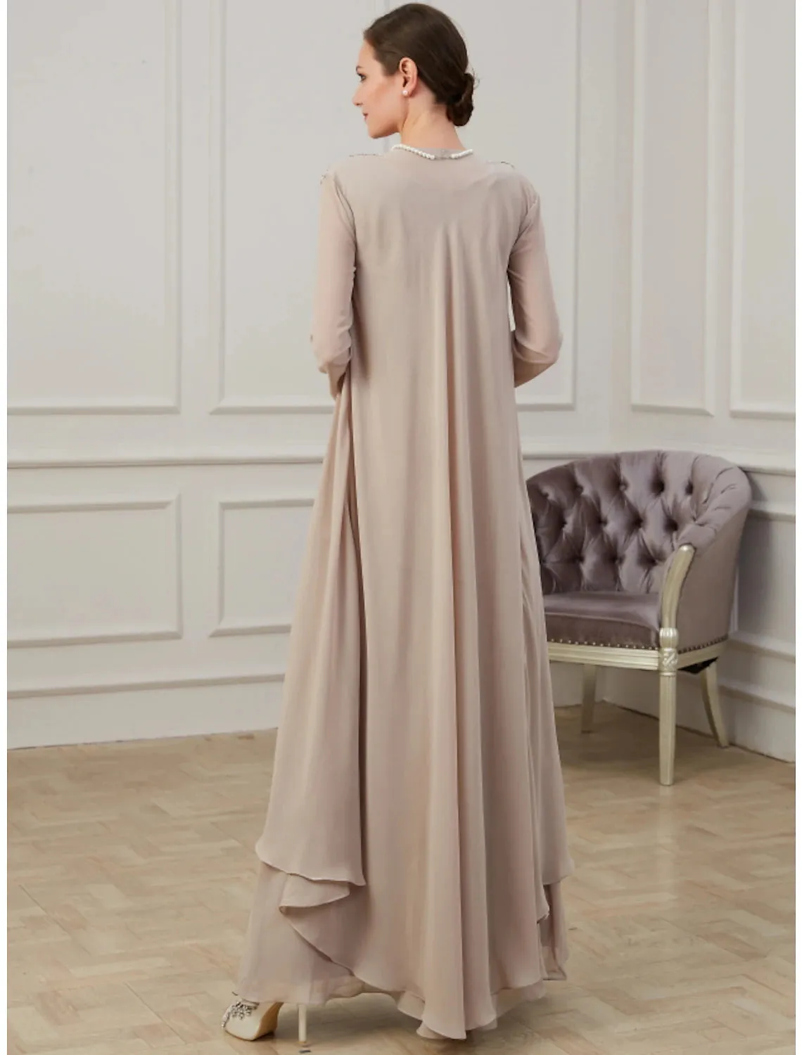 A-Line Mother of the Bride Dress Wedding Guest Elegant Jewel Neck Floor Length Chiffon Long Sleeve Jacket Dresses with Appliques Fall