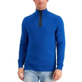 ALFANI Men's Acapulco Blue Waffle Knit Quarter Zip Mock Neck Sweater, Size XL