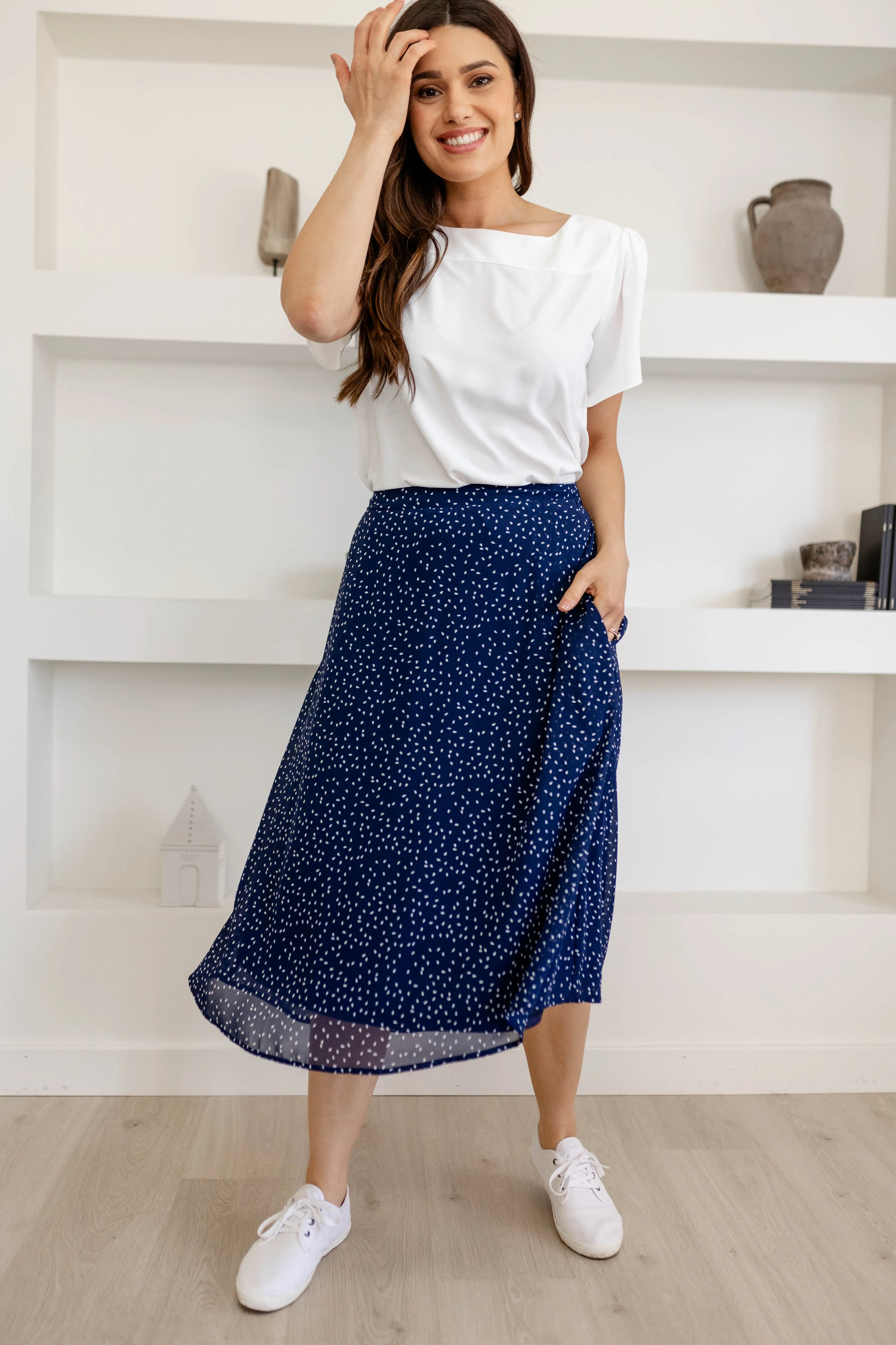 'Annette' Chiffon Midi Skirt in Navy Abstract FINAL SALE