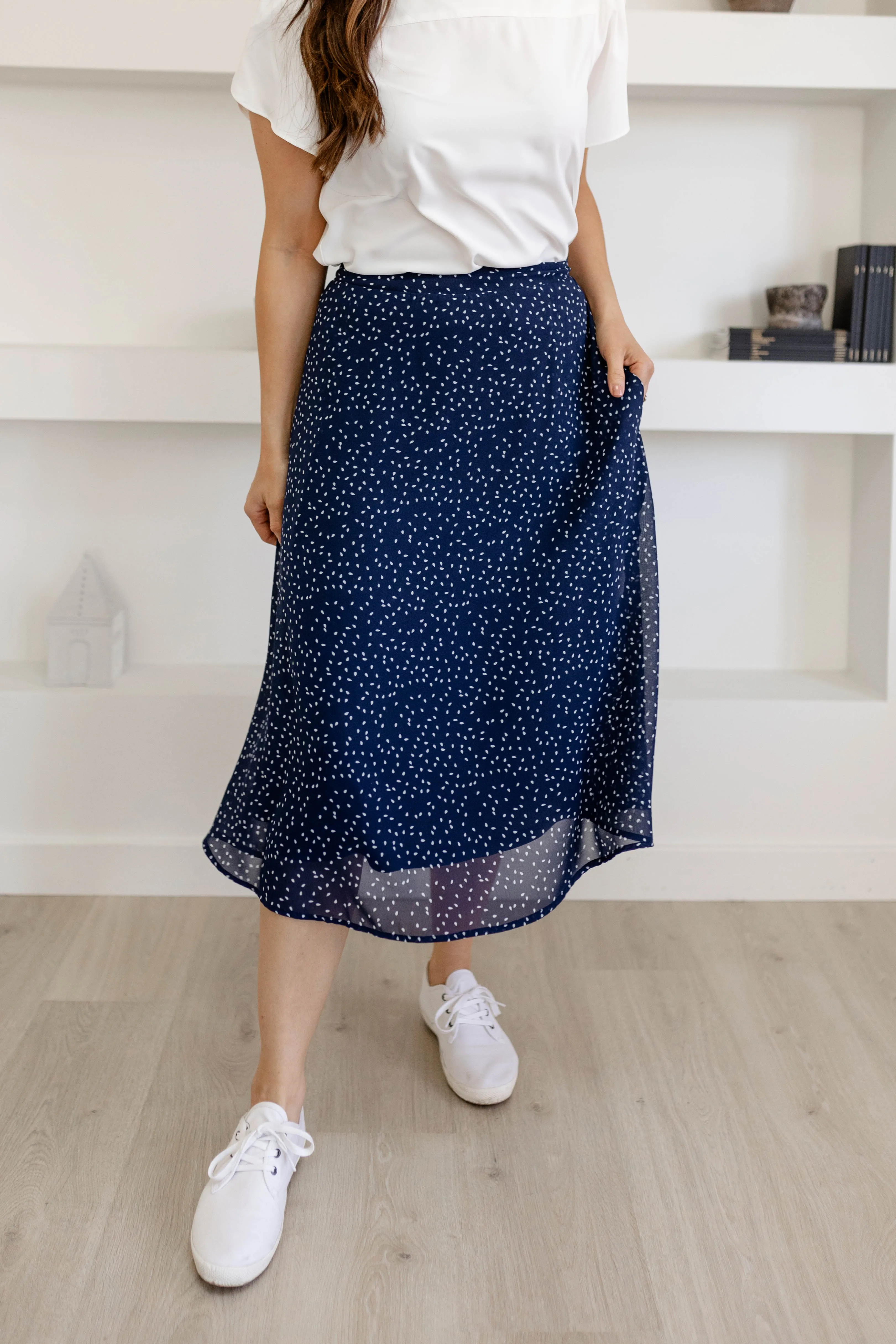 'Annette' Chiffon Midi Skirt in Navy Abstract FINAL SALE