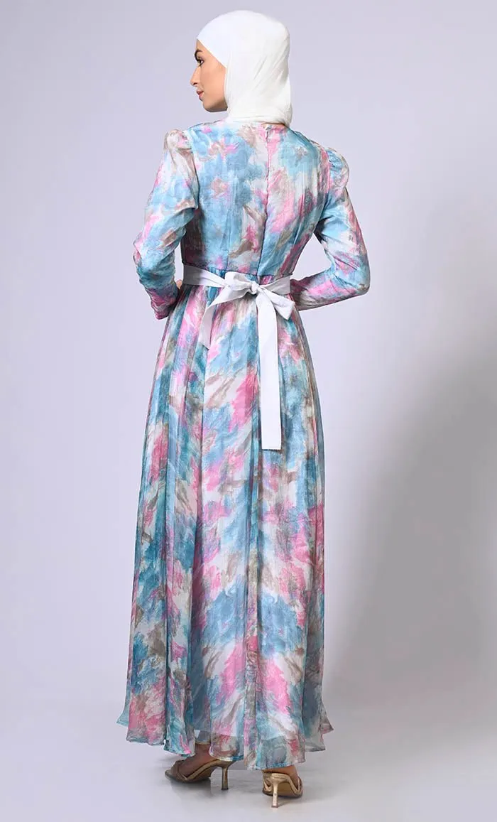 Artistic Flair: Printed Flared Abaya with Belt