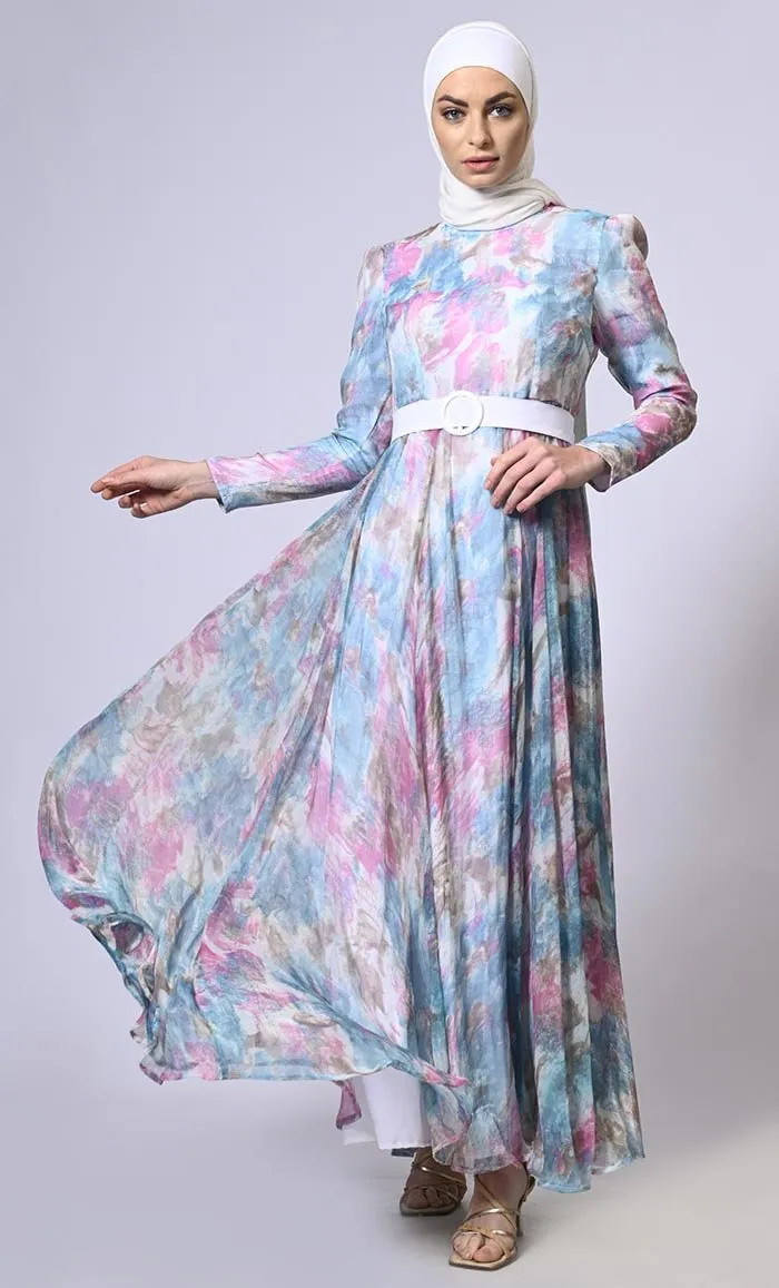 Artistic Flair: Printed Flared Abaya with Belt