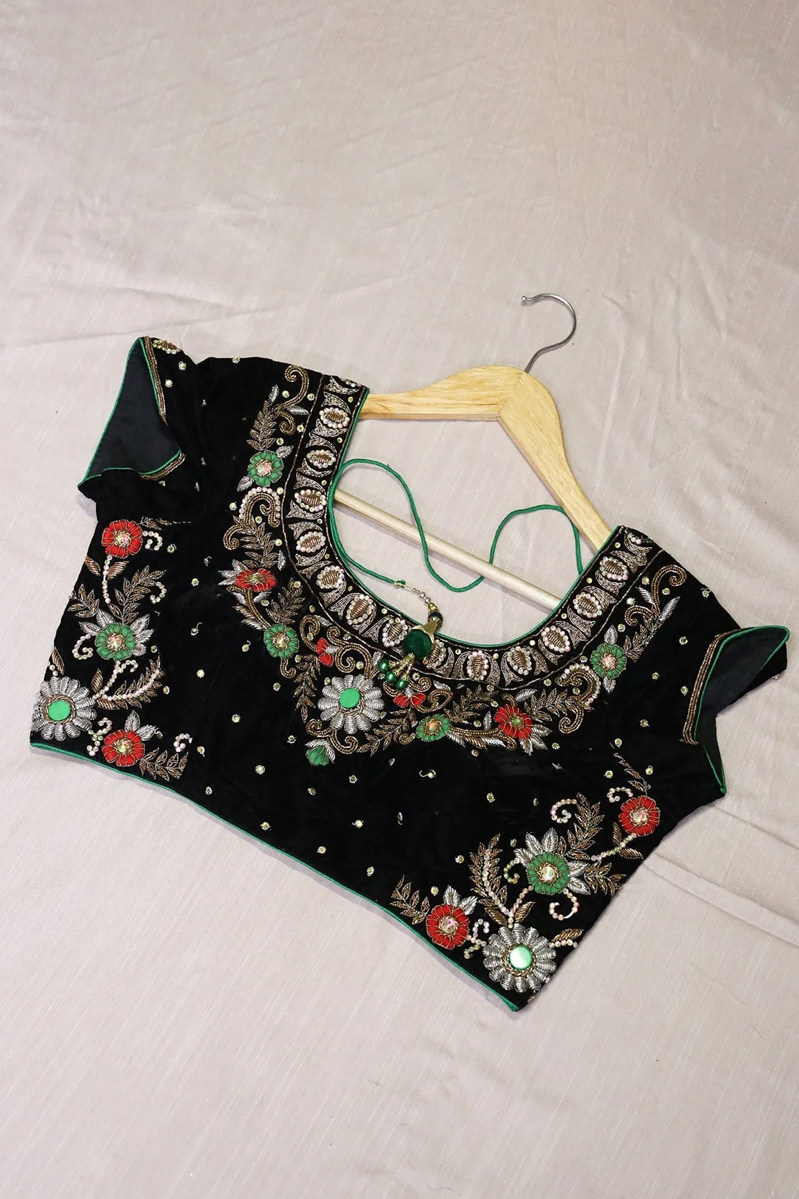 Black Hand Work Embroidery Velvet Stitched Blouse