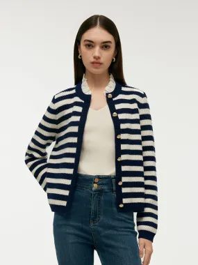 Blue And White Stripe Women Cardigan With Detachable Ruffle Collar