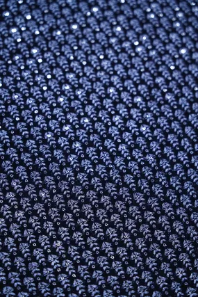 Blue Thread With Sequins Small Floral Embroidery Work On Navy Blue Velvet Fabric