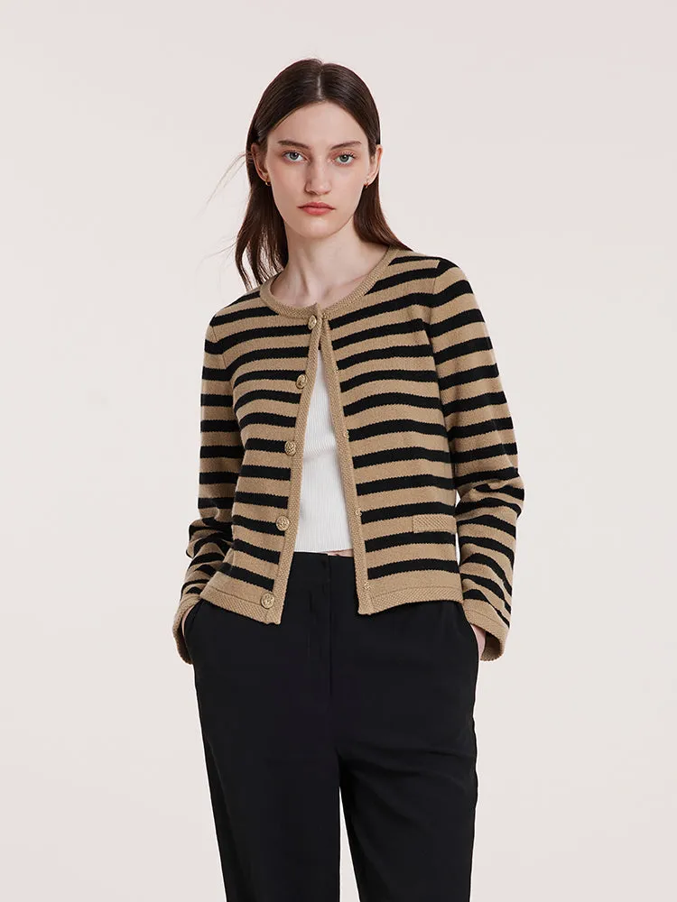 Button Up Woolen Striped Lady Cardigan