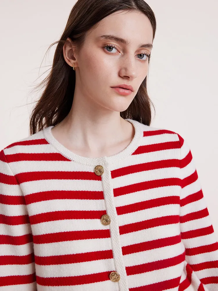 Button Up Woolen Striped Lady Cardigan