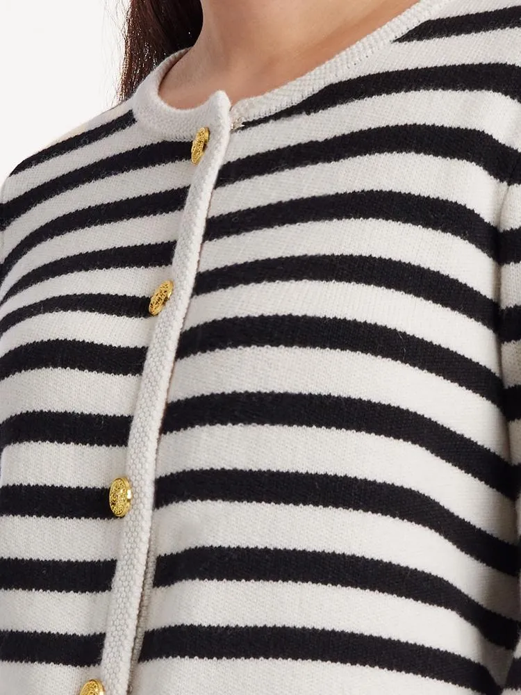 Button Up Woolen Striped Lady Cardigan