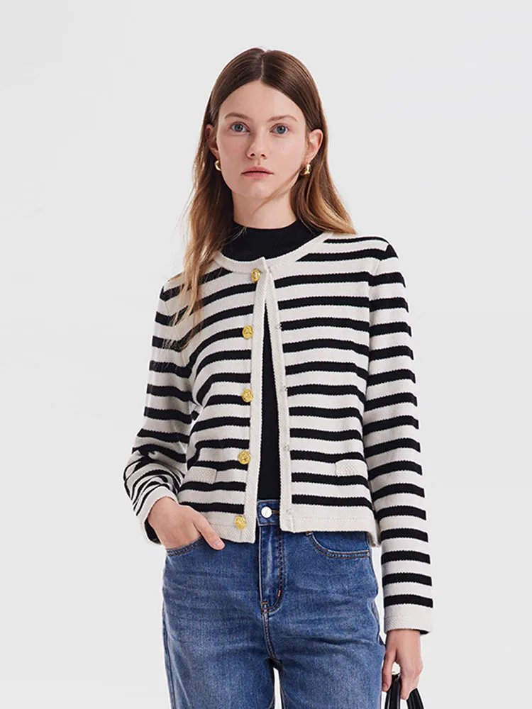 Button Up Woolen Striped Lady Cardigan