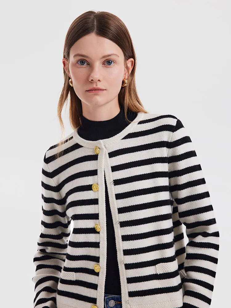 Button Up Woolen Striped Lady Cardigan