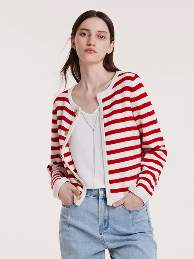 Button Up Woolen Striped Lady Cardigan