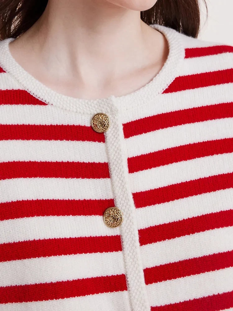 Button Up Woolen Striped Lady Cardigan