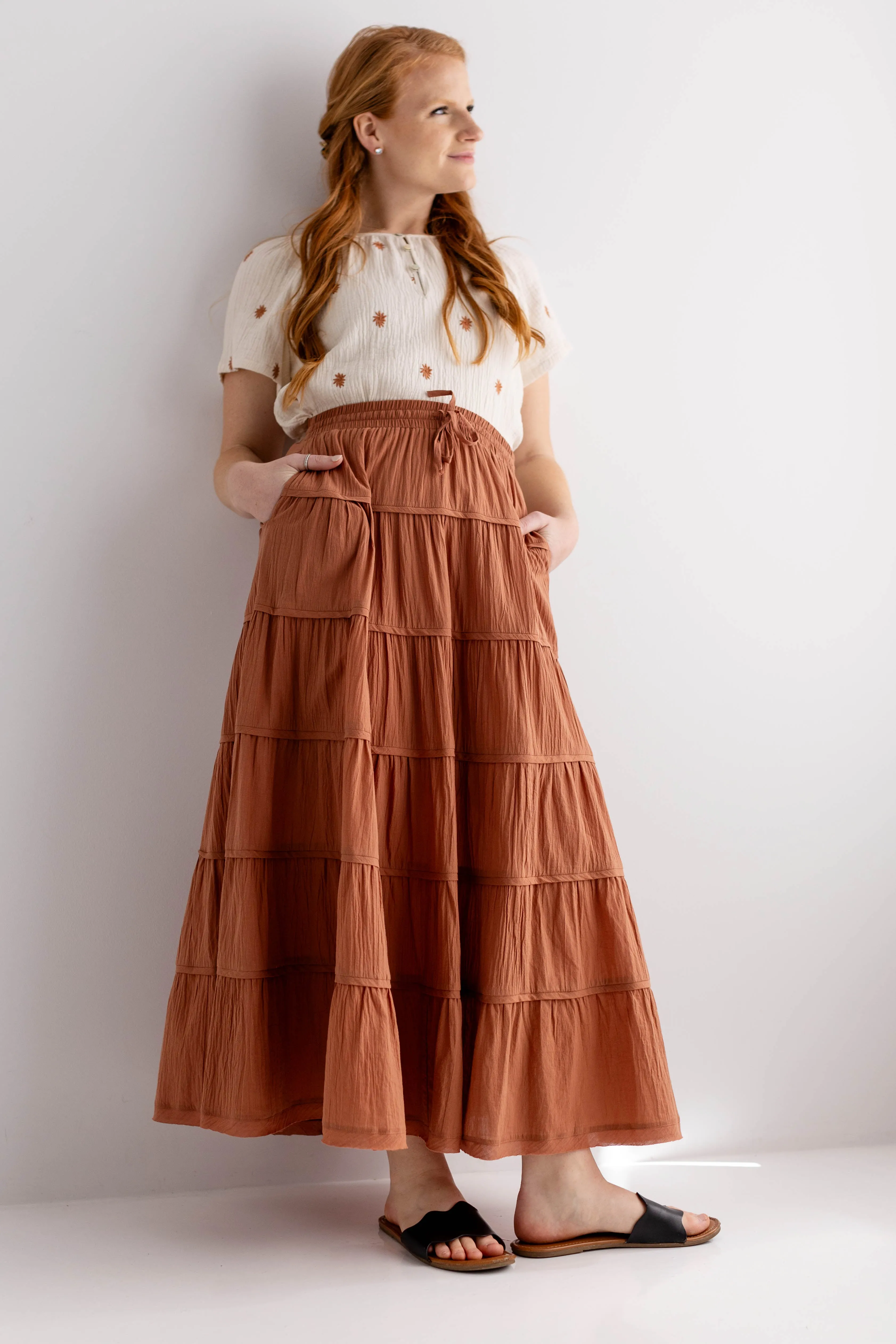 'Canyon' Tiered Cotton Maxi Skirt in Terracotta