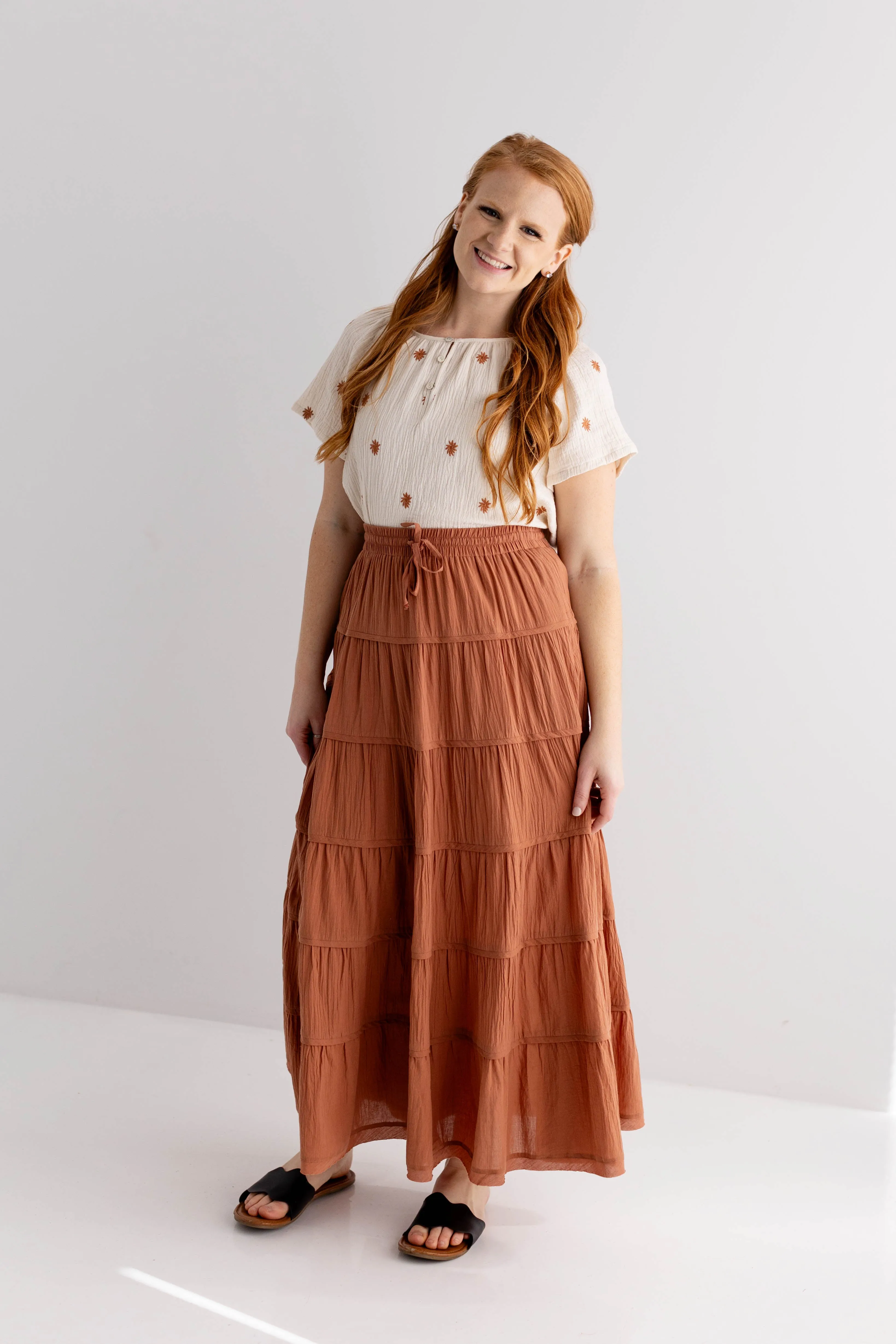 'Canyon' Tiered Cotton Maxi Skirt in Terracotta