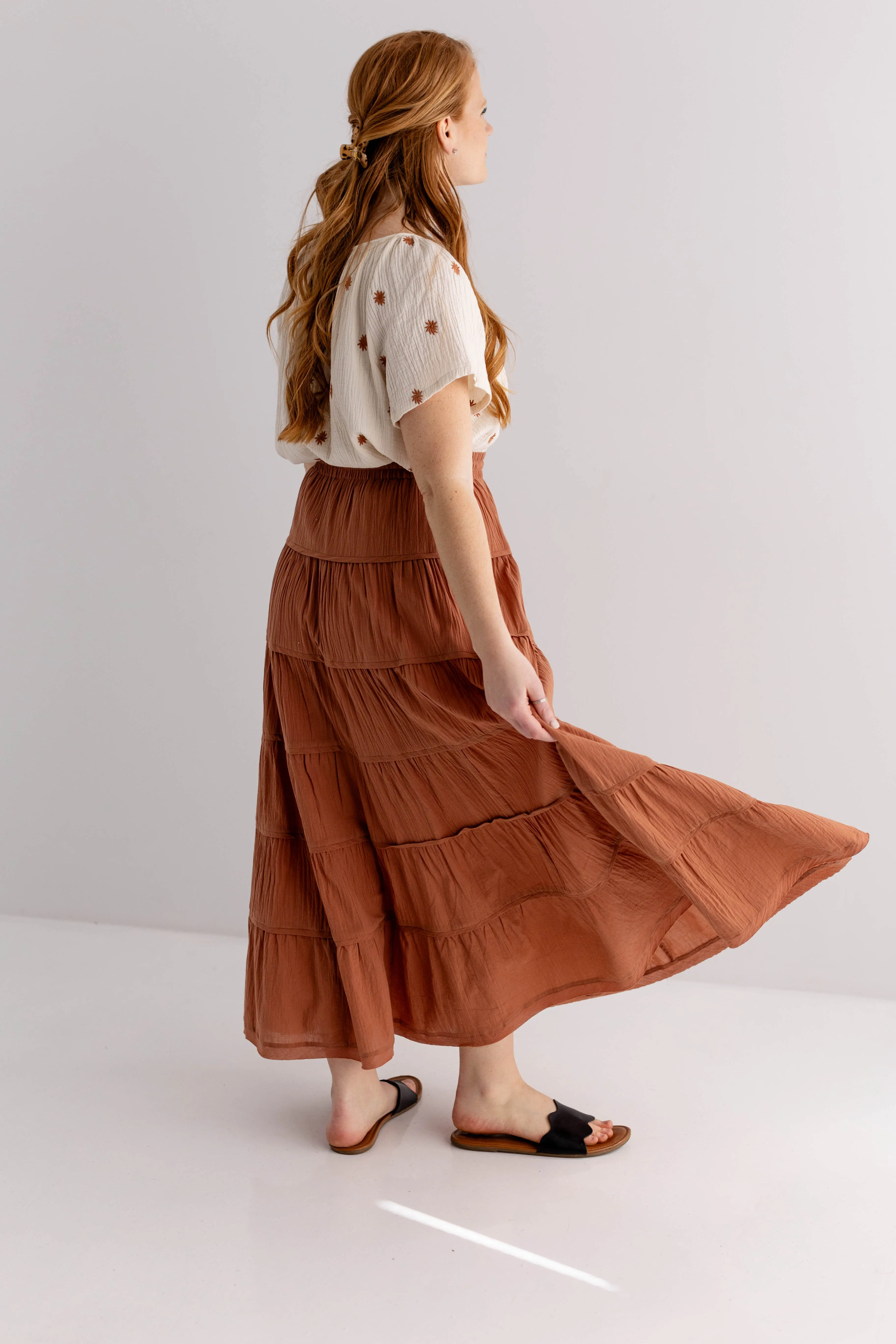 'Canyon' Tiered Cotton Maxi Skirt in Terracotta