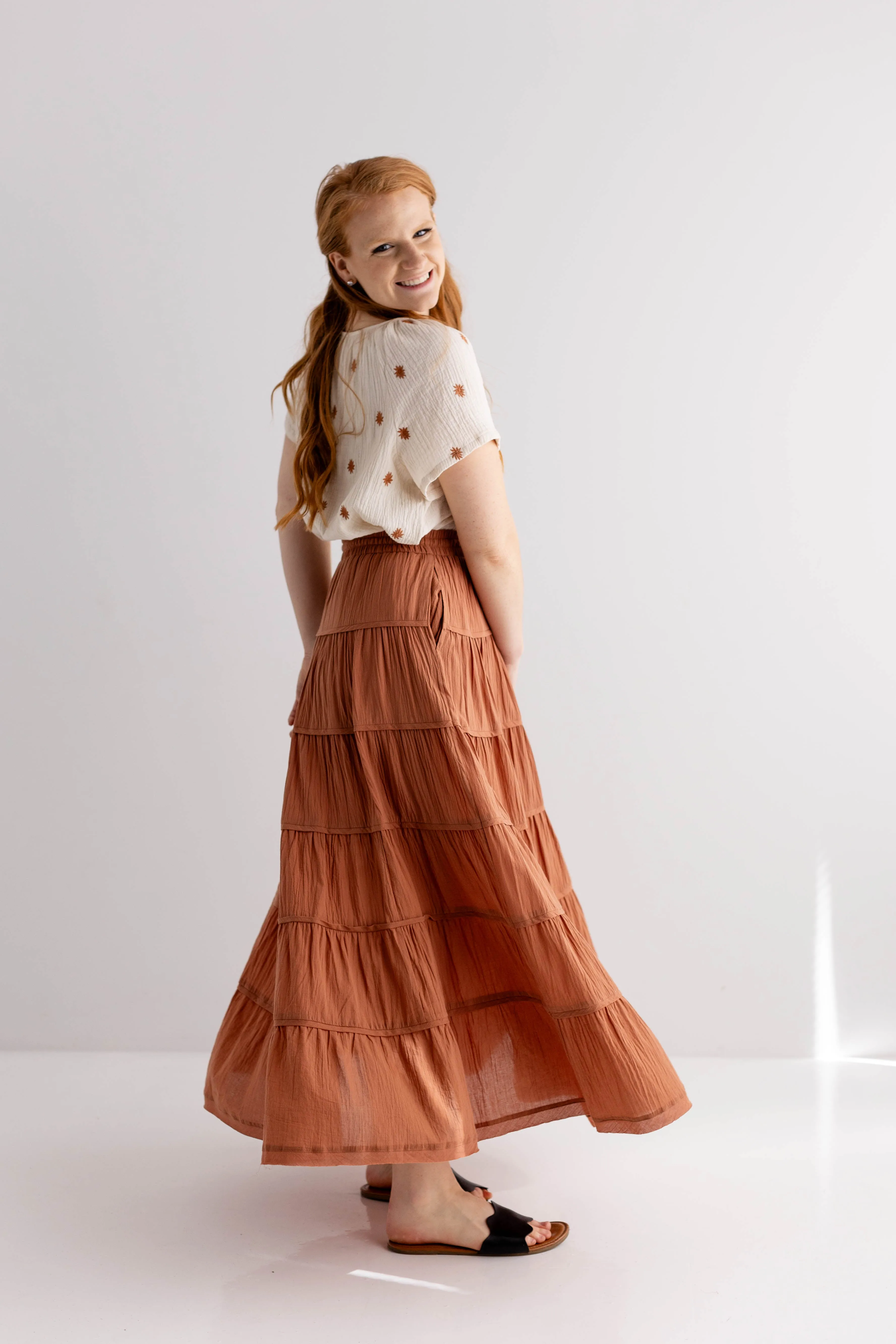 'Canyon' Tiered Cotton Maxi Skirt in Terracotta