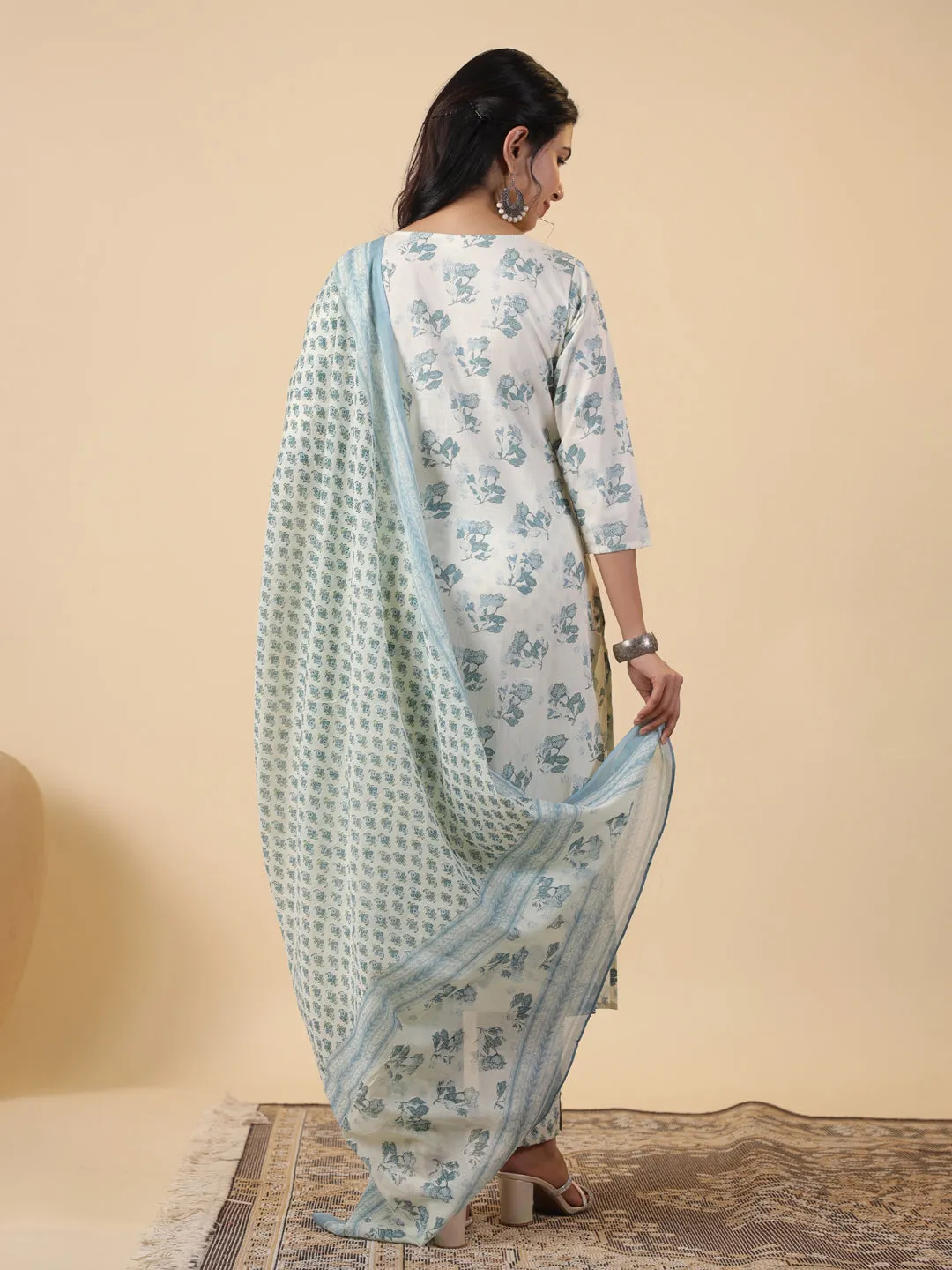 Cream Cotton Floral Printed Straight Kurta Set