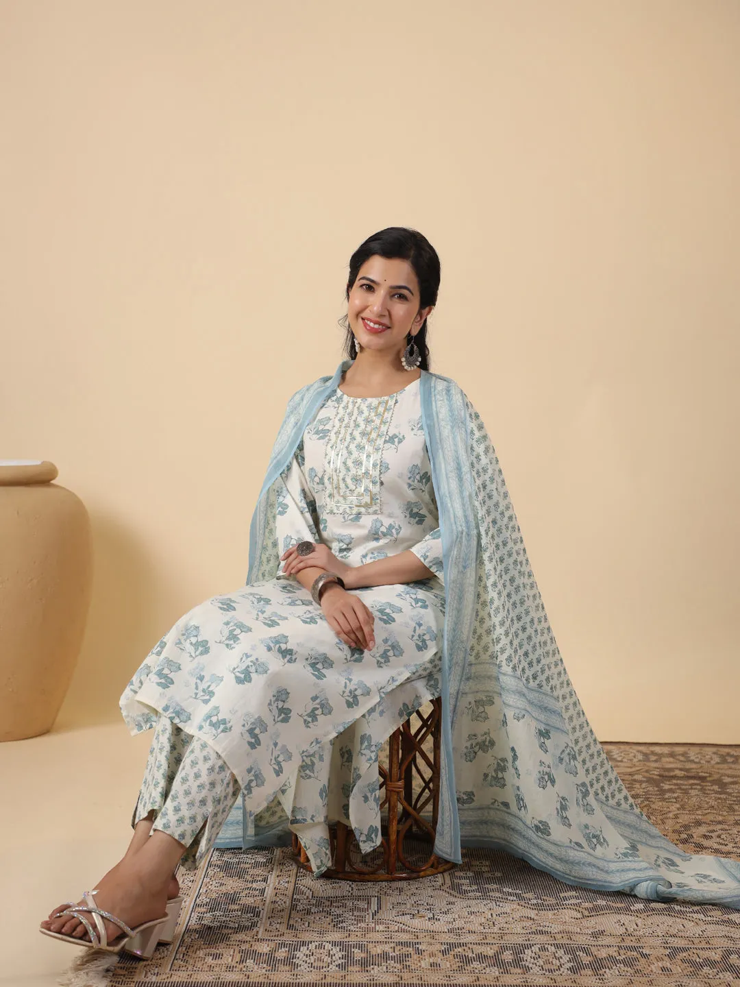 Cream Cotton Floral Printed Straight Kurta Set