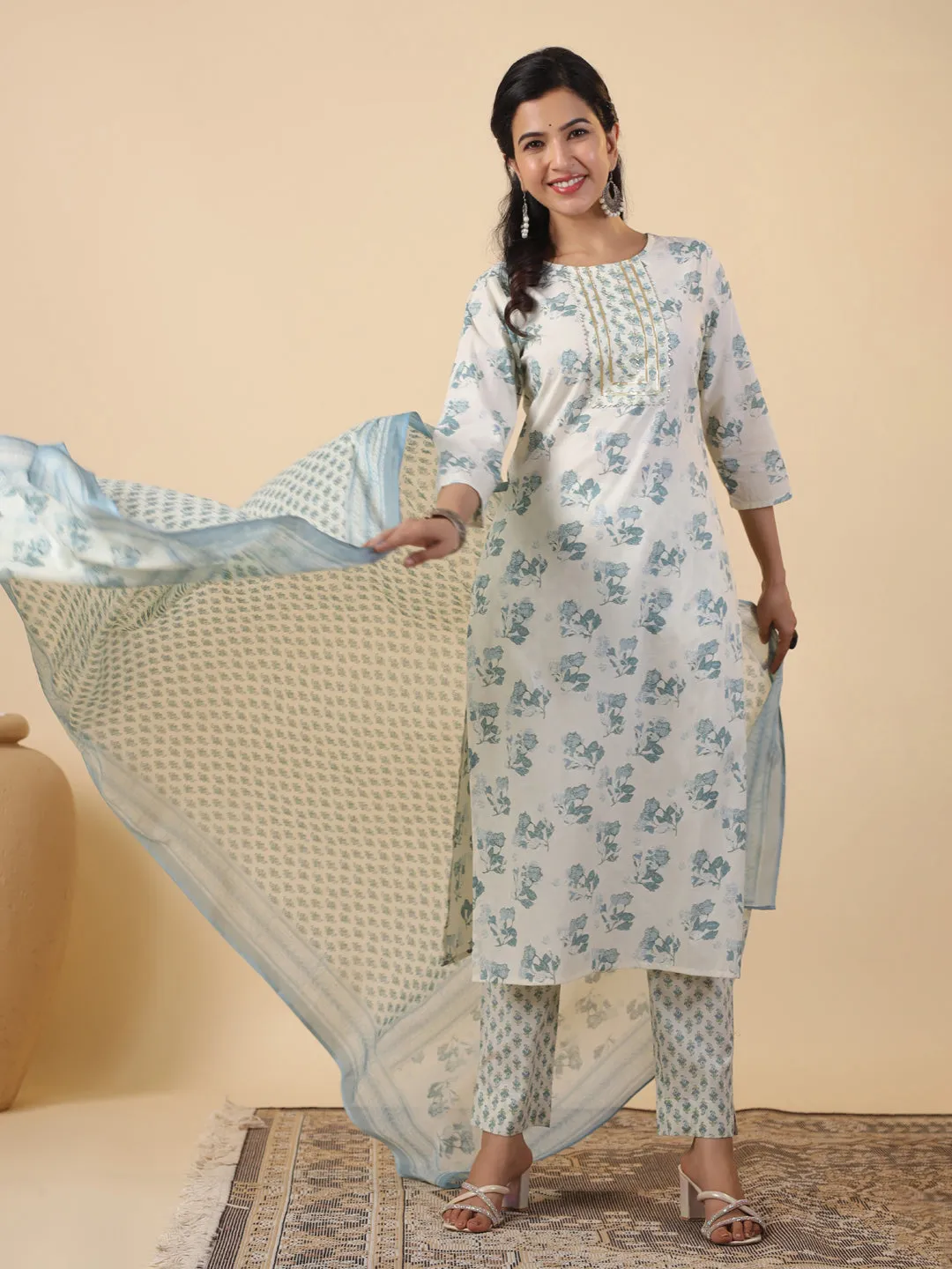 Cream Cotton Floral Printed Straight Kurta Set