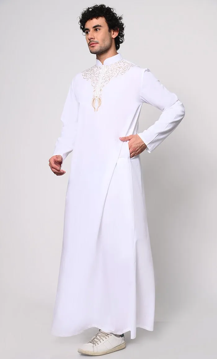 Cultural Heritage: Men's White Thobe with Beautiful Arabic Embroidery