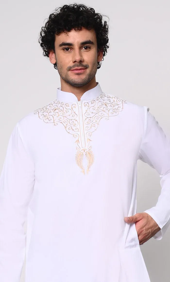 Cultural Heritage: Men's White Thobe with Beautiful Arabic Embroidery