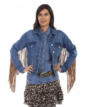 Denim Jacket W/Leopard Fringe Hc647-Den