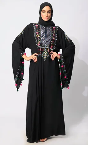 Enchanting Threads: Exquisite Black Embroidered Abaya with and Dramatic Bell Sleeves - Final Sale