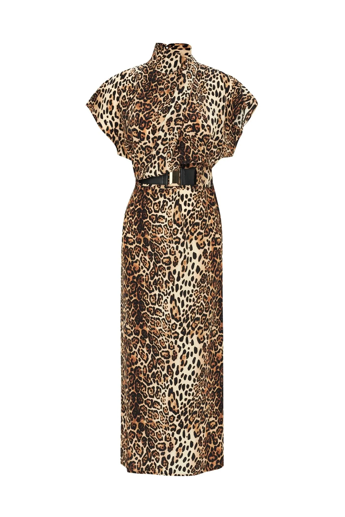 Exquise Alda Belted Bat Wing Sleeve Leopard Print Midi Dress