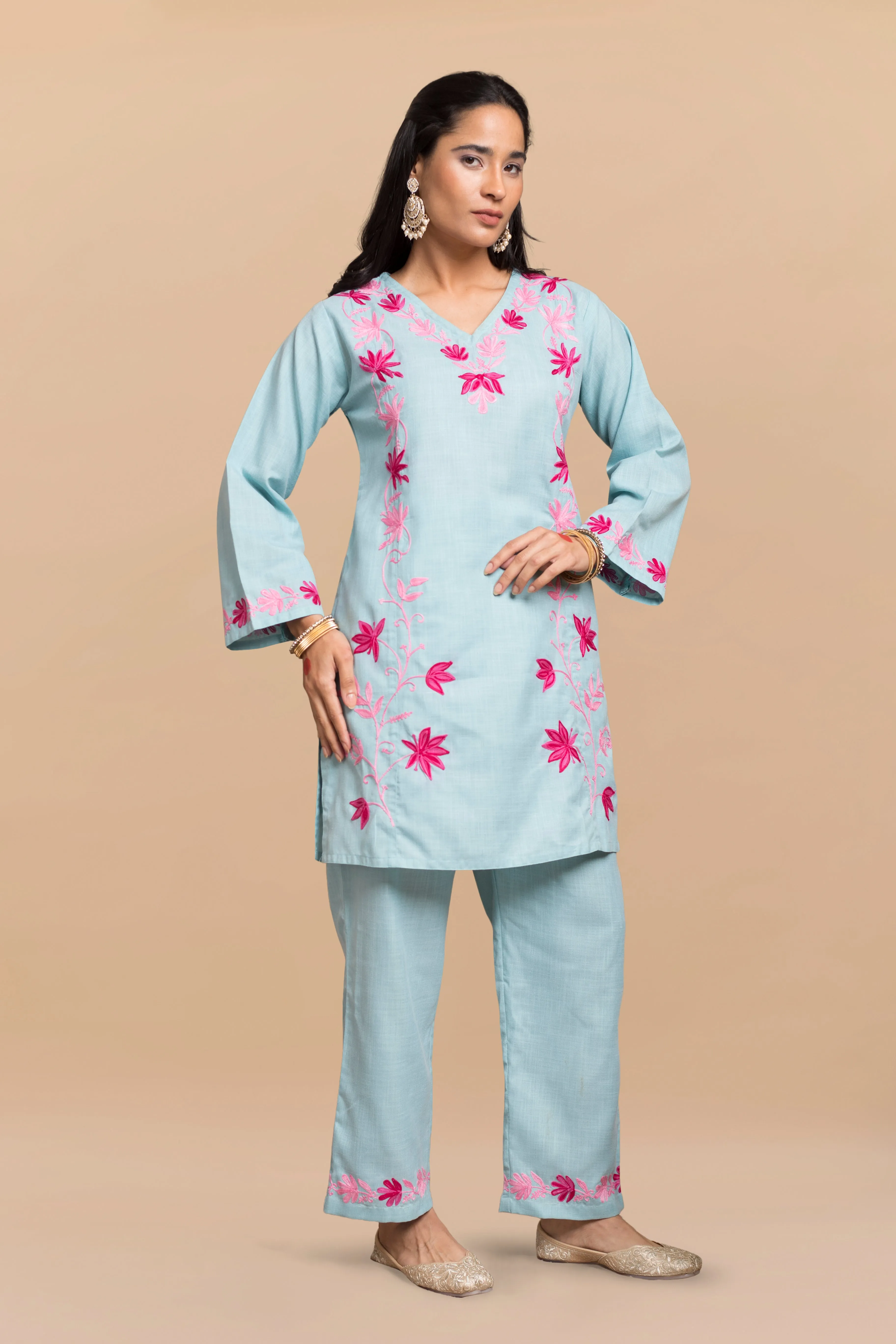 Falak Kashmiri Kurta Set  - Turquoise Blue