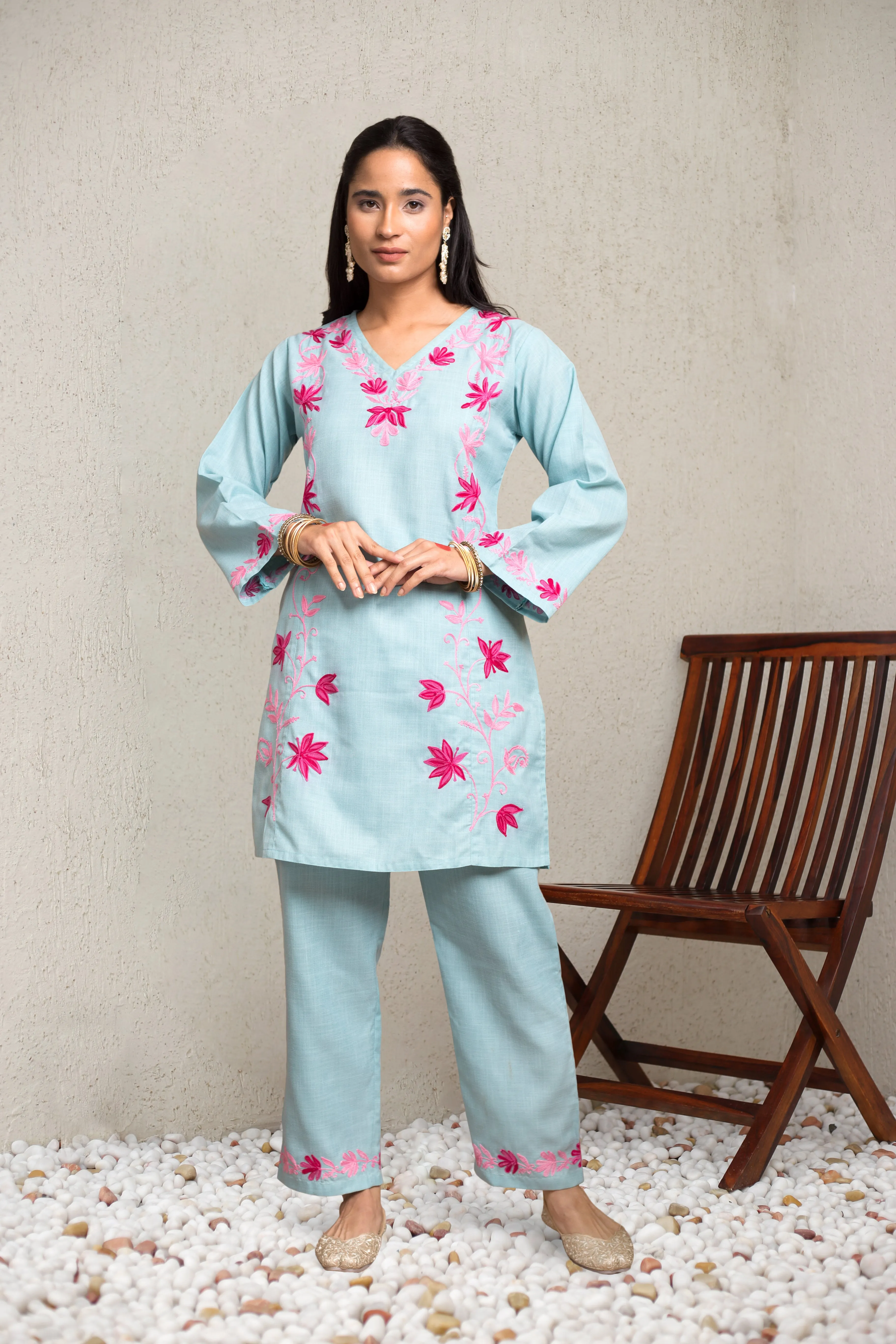 Falak Kashmiri Kurta Set  - Turquoise Blue