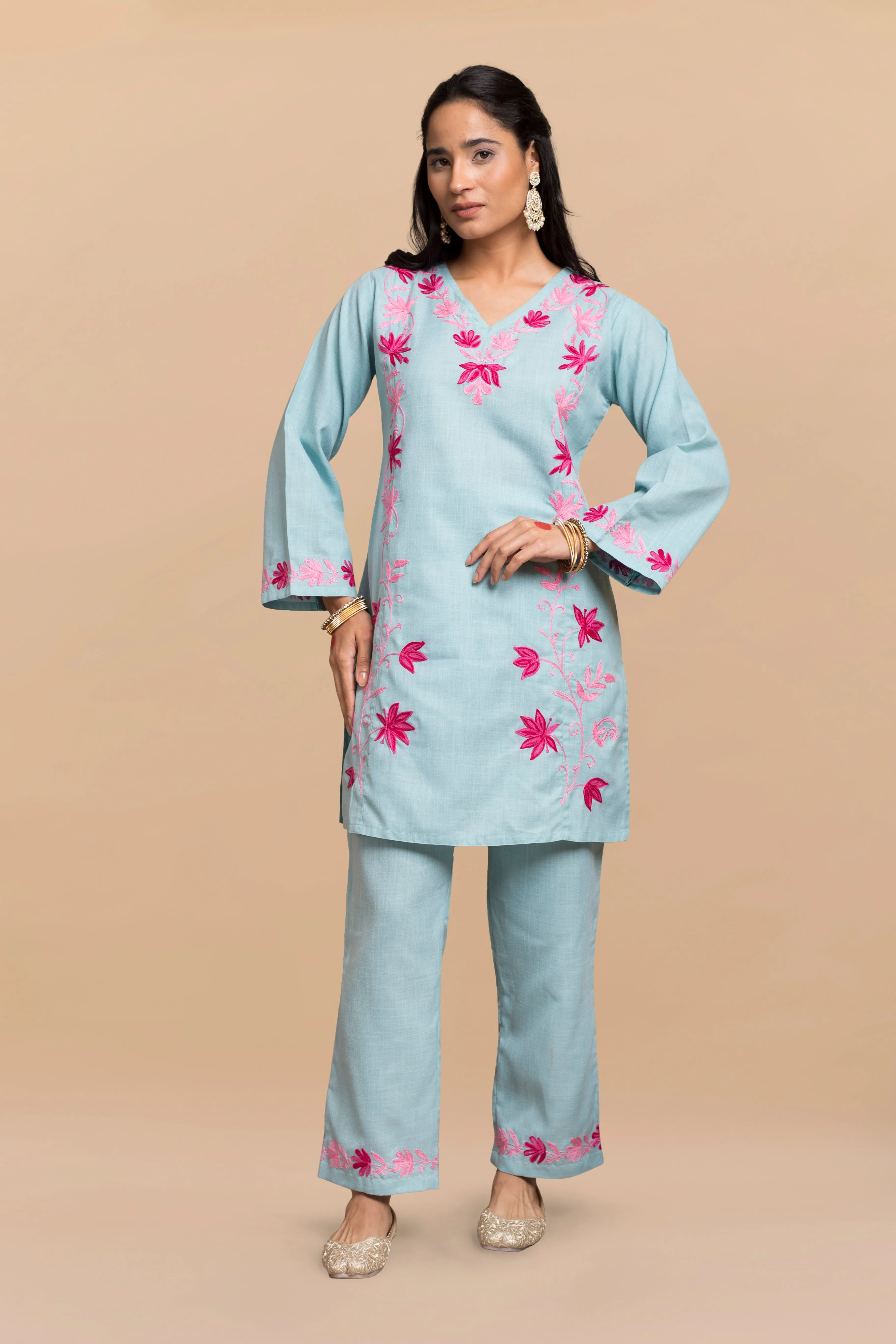 Falak Kashmiri Kurta Set  - Turquoise Blue