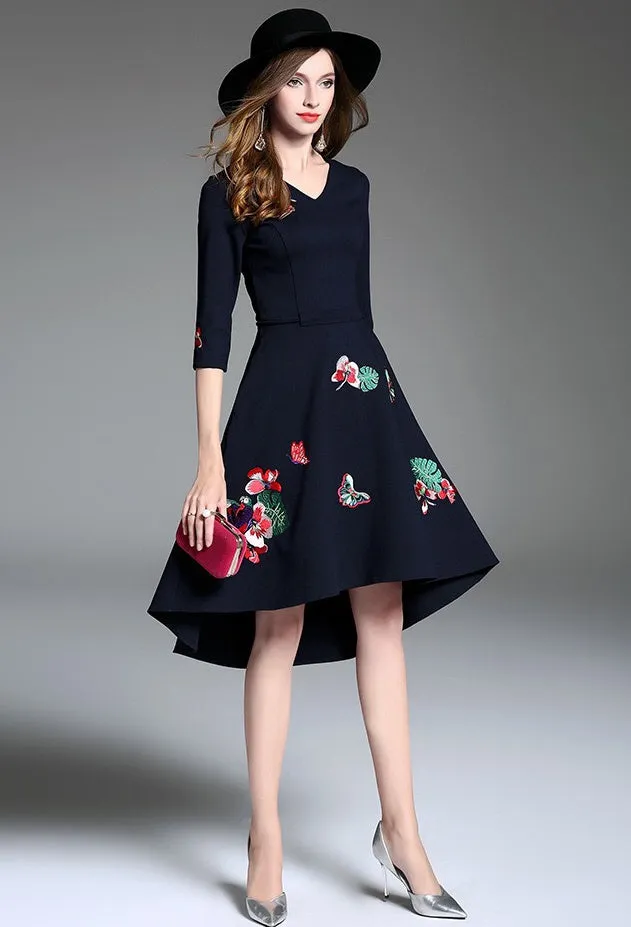 Floral Embroidered Asymmetrical Hem Dress