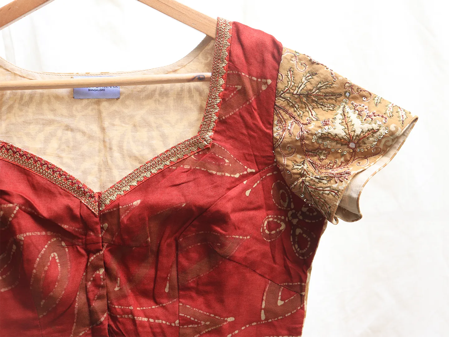 Garnet red and dijon yellow, Batik blouse