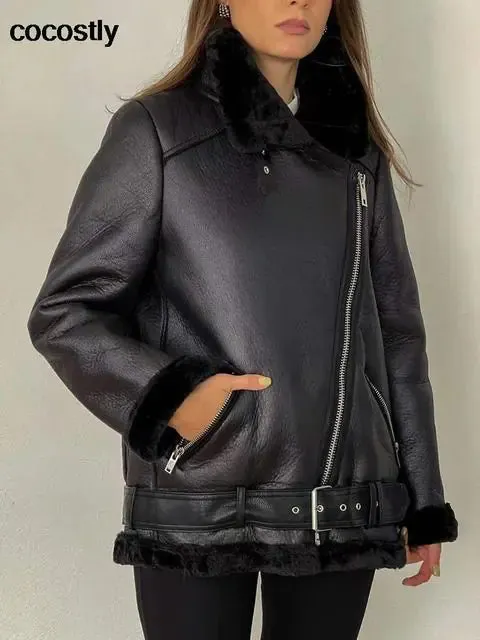 High Quality Woman's Faux Leather Fur Coat - Vegan leather - Imported