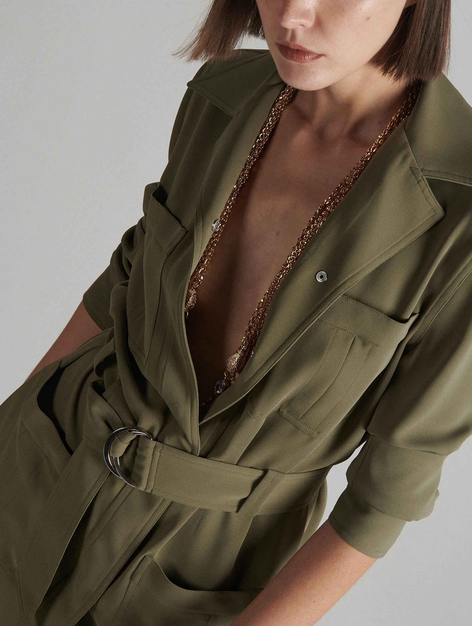 Khaki flowing crepe dress-coat