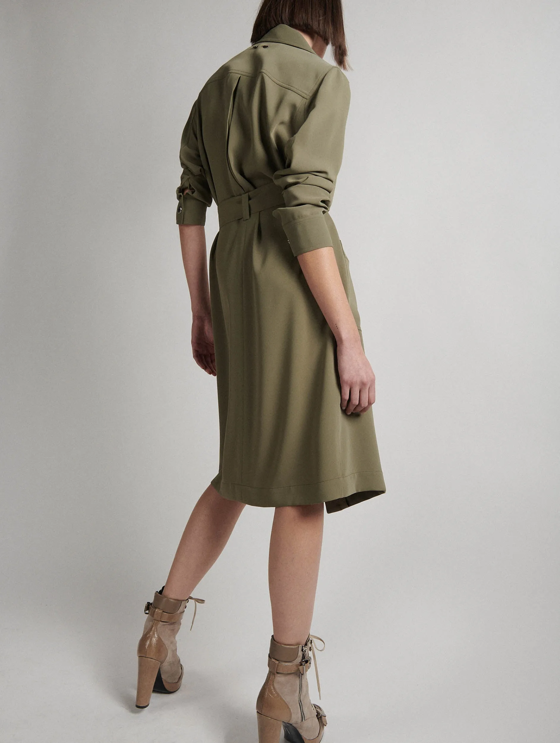 Khaki flowing crepe dress-coat