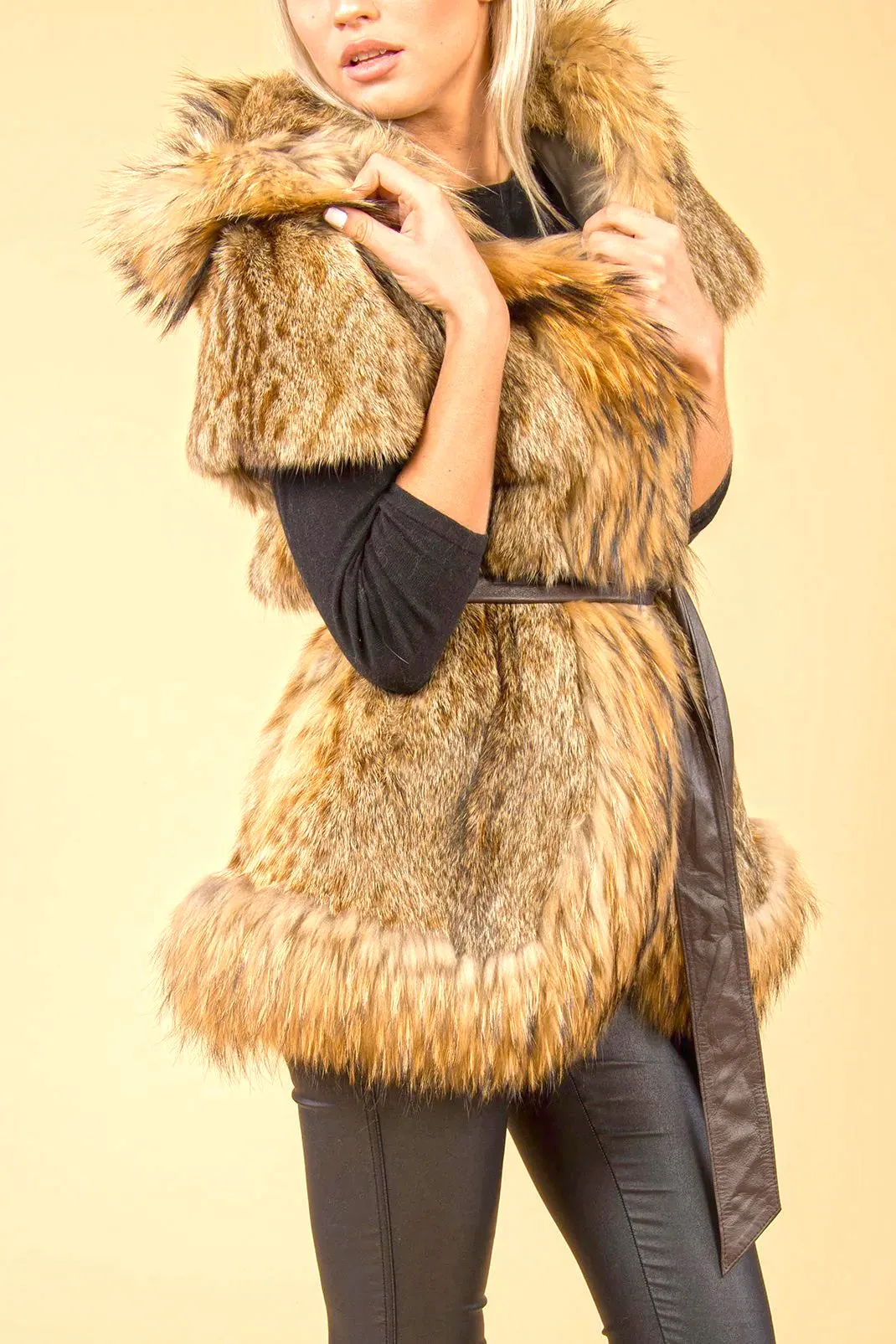 Mocha Leopard Print Hand-painted Hooded Fox & Coney Fur Coat