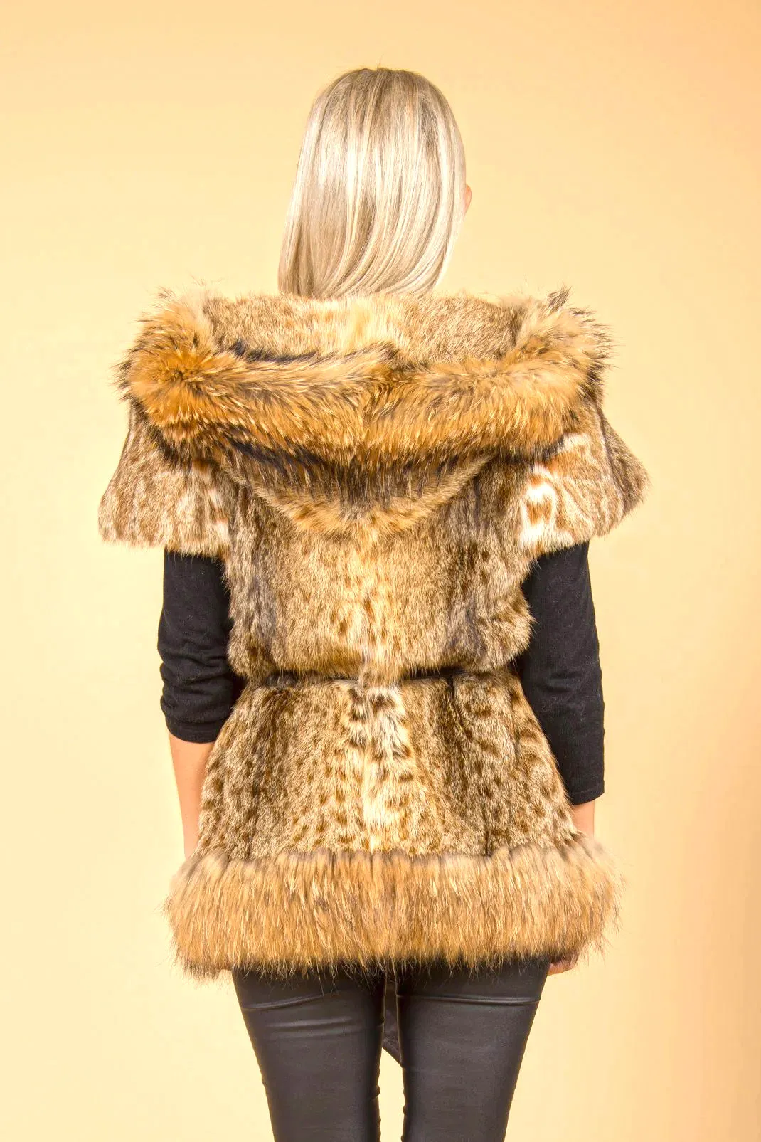 Mocha Leopard Print Hand-painted Hooded Fox & Coney Fur Coat