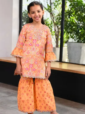 Mulmul Cotton Grace Orange Kurta With Grace Orange Garara