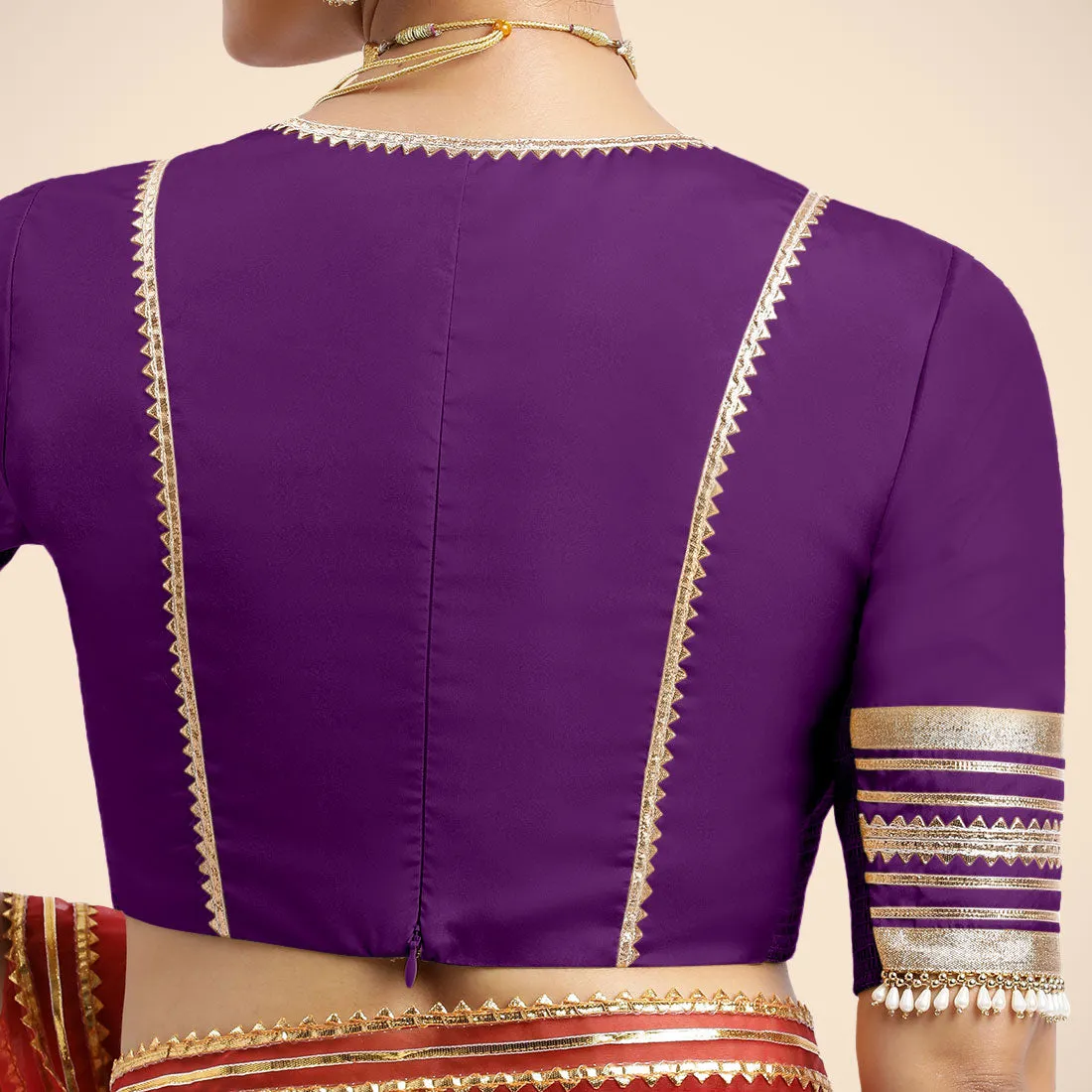 Nafeeza x Tyohaar | Purple Embellished Elbow Sleeves FlexiFit™ Saree Blouse with Plunging V Neckline with Tasteful Golden Gota Lace