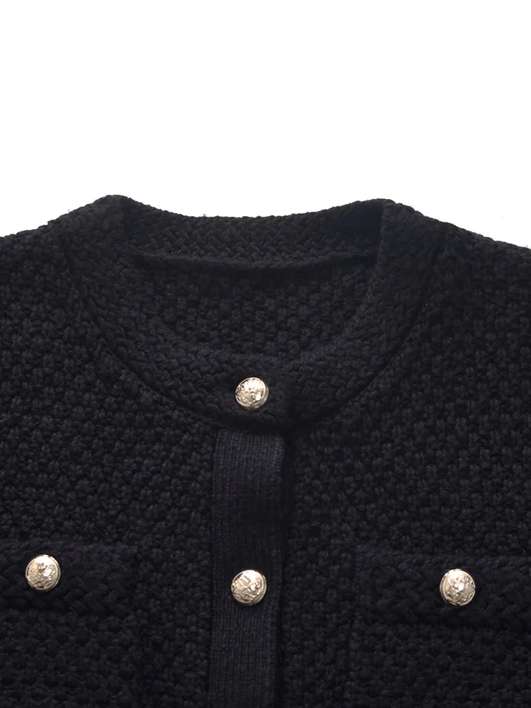 Openwork Round Neck Knitted Women Cardigan