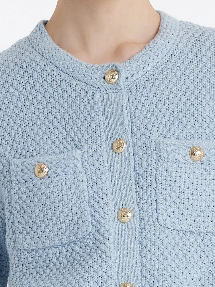 Openwork Round Neck Knitted Women Cardigan