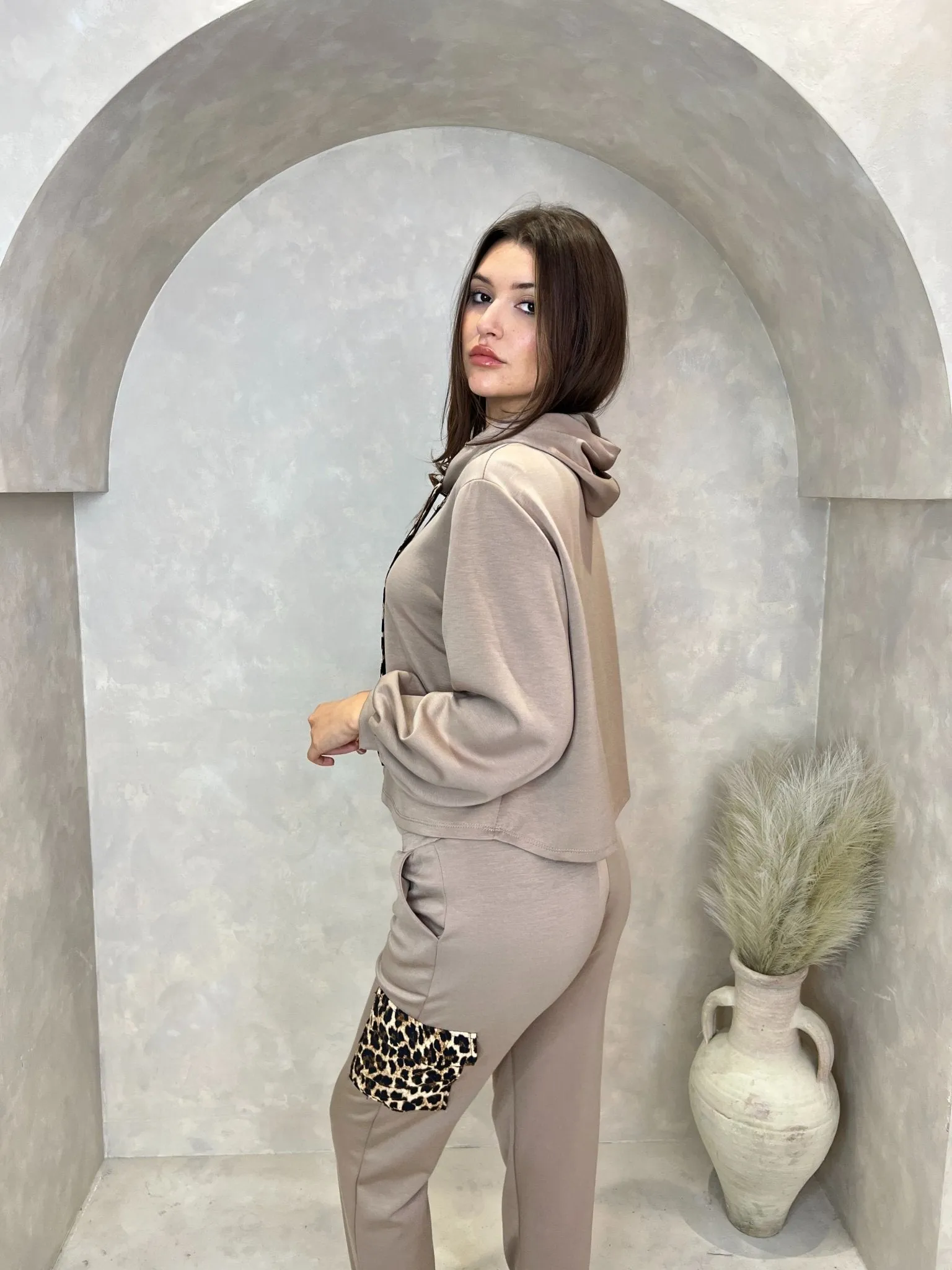 Taupe Leopard Cropped Hoodie