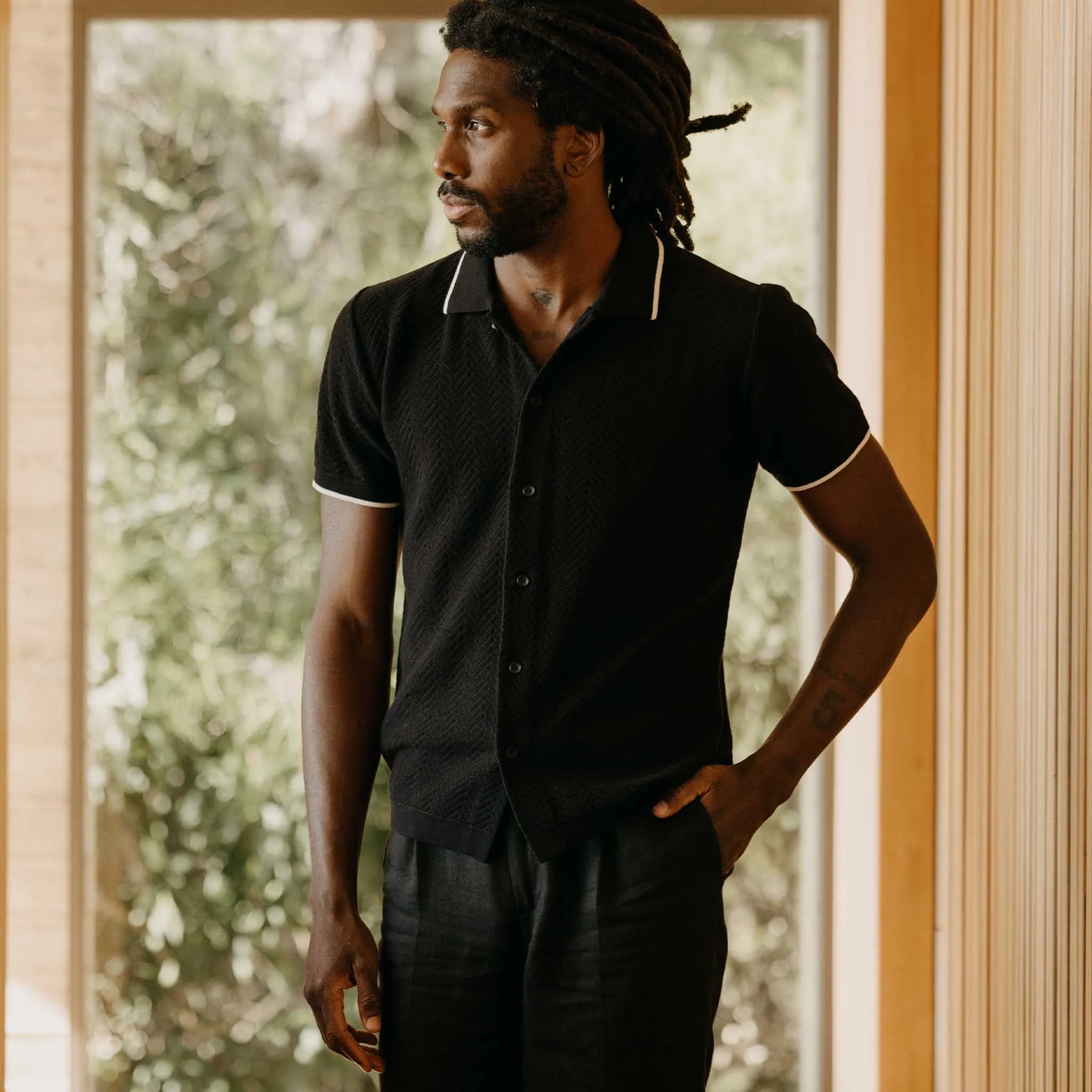 The Button Down Polo in Coal Herringbone